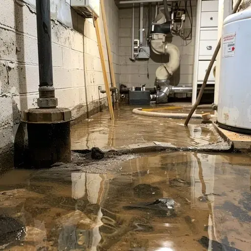 Flooded cellar with piping and a water heater in Queens