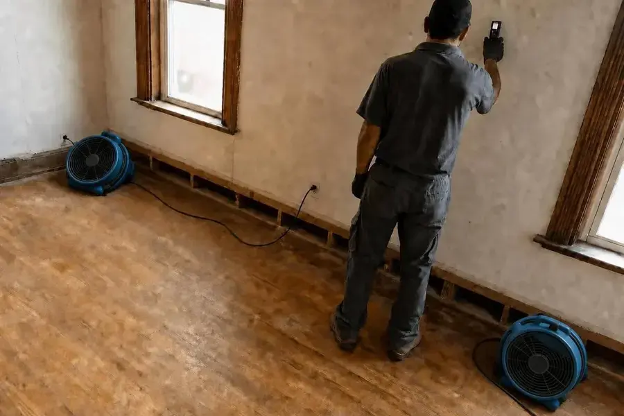 Restoration tech checking wall moisture beside air movers in a Woodside home