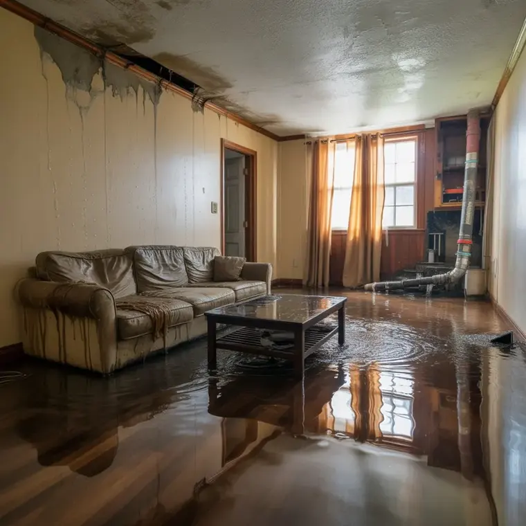 Flooded apartment living room with water-stained walls and ceiling
