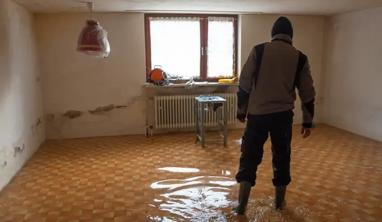 Standing water across a basement apartment floor below a radiator in Woodside