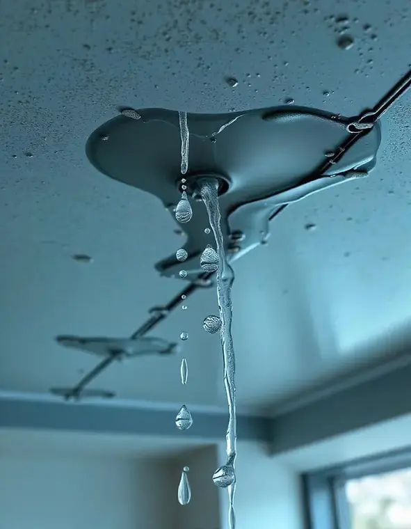 Water dripping through a ceiling light fixture from a leak above
