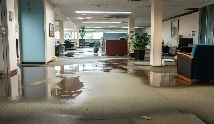 Standing water spread across a flooded office floor in Queens