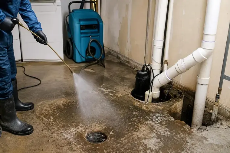 Worker in protective gear cleaning a basement floor drain after a sewage backup in Queens